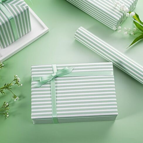 WRAPAHOLIC Kraft Striped Wrapping Paper Roll - Mini Roll - 17 Inch x 16.5 Feet - Classic Sage Green Stripe Wrapping Paper for Birthday, Wedding, Baby Shower, Bridal Shower in Kuwait