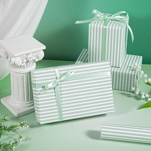 WRAPAHOLIC Kraft Striped Wrapping Paper Roll - Mini Roll - 17 Inch x 16.5 Feet - Classic Sage Green Stripe Wrapping Paper for Birthday, Wedding, Baby Shower, Bridal Shower in Kuwait