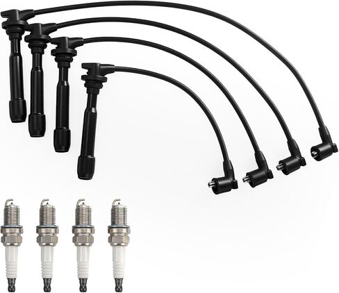 Iridium Spark Plugs & Spark Plug Wire Set Compatible with 1995-2010 Hyundai Accent Coupe Elantra Matrix Getz & 2004-2009 Kia Cerato Rio - L4 1.4L 1.5L 1.6L, Replacement for 27501-26D00 (Set of 4) in Saudi Arabia