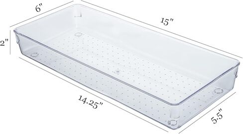 Kingrol 4-Pack Clear Drawer Organizer Bins, 15 x 6 x 2 Inch Desk & Kitchen Drawer Dividers for Utensils, Makeup, Jewelry, Office, Craft Supplies - Durable & Non-Slip Storage Containers in Kuwait