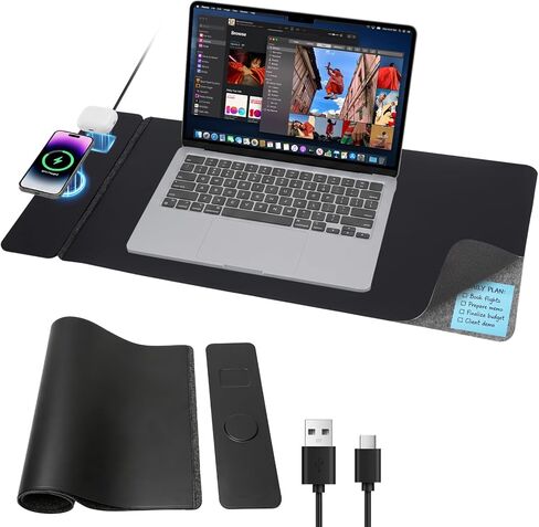 15W Wireless Charging Mouse Pad 31.5"x15.75", Double-Sided Faux Leather & Felt Desk Mat, 2-in-1 Magnetic Charging Pad for iPhone/AirPods, Smartphone Non-Slip Gaming/Office Desk Pad (Folding-Gray) in Saudi Arabia