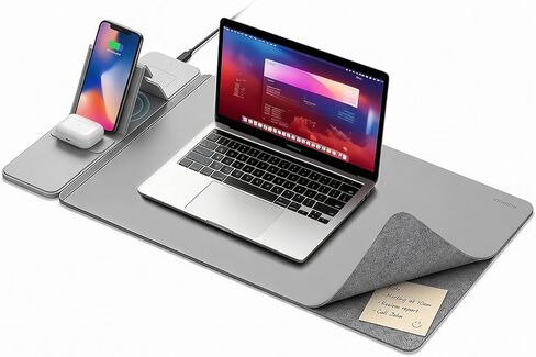 15W Wireless Charging Mouse Pad 31.5"x15.75", Double-Sided Faux Leather & Felt Desk Mat, 2-in-1 Magnetic Charging Pad for iPhone/AirPods, Smartphone Non-Slip Gaming/Office Desk Pad (Folding-Gray) in Saudi Arabia