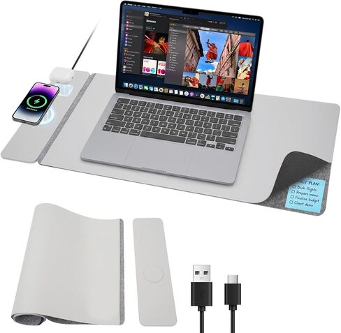 15W Wireless Charging Mouse Pad 31.5"x15.75", Double-Sided Faux Leather & Felt Desk Mat, 2-in-1 Magnetic Charging Pad for iPhone/AirPods, Smartphone Non-Slip Gaming/Office Desk Pad (Folding-Gray) in Saudi Arabia