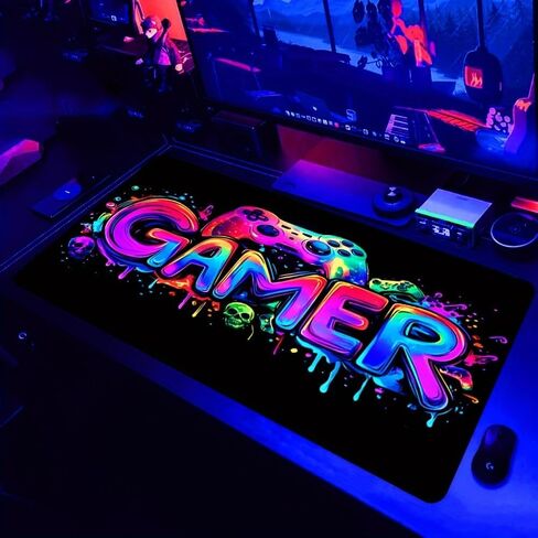 UV Reactive Large Gaming Mouse Pad - 1pc Non-Slip Washable Polyester E-Sports Computer Desk Mat with Vibrant Game Machine Print in Kuwait