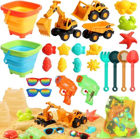 Beach Toys for Kids, 26PCS Sandbox Toys with 2 Collapsible Bucket Sand,3 Dump Truck,2 Sunglasses,Ocean Sand Molds,Mini Play WaterToy,Sand Shovel,2 Mesh Bag Sand Toy Travel Beach Toys for Toddler 3-10 in Saudi Arabia