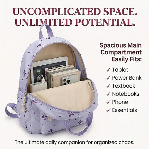 3-Piece Backpack Set for Women, Artistic Bow Daypack Fits 15 inch Laptop with Lunch Tote Bag & Pouch, Large Capacity Cute Bow Bag for Travel, Work, Commute（Purple） in Kuwait