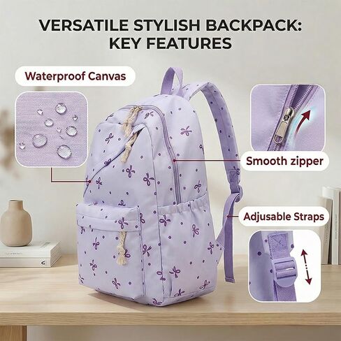 3-Piece Backpack Set for Women, Artistic Bow Daypack Fits 15 inch Laptop with Lunch Tote Bag & Pouch, Large Capacity Cute Bow Bag for Travel, Work, Commute（Purple） in Kuwait