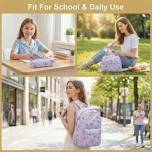 3-Piece Backpack Set for Women, Artistic Bow Daypack Fits 15 inch Laptop with Lunch Tote Bag & Pouch, Large Capacity Cute Bow Bag for Travel, Work, Commute（Purple） in Kuwait
