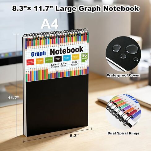 Graph Paper Notebook 8.3"× 11.7", 96 Pages 4x4 Quad Ruled, 120GSM Acid-Free No Bleed A4 Grid Paper Journal, Water Resistant Cover, Spiral Bound Lay-Flat for Math Engineering Drawing School Office in Saudi Arabia