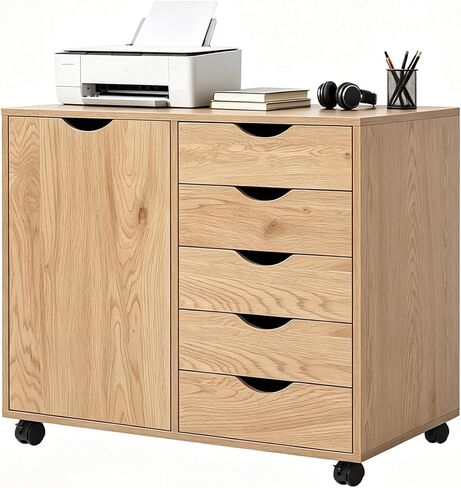 5 Drawer Wood Storage cabinets, Chest of Drawers for Home Office, Printer Stand with Adjustable Shelf (Natural) in Kuwait