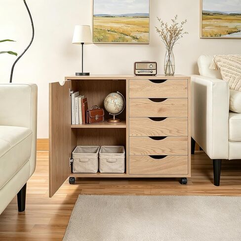 5 Drawer Wood Storage cabinets, Chest of Drawers for Home Office, Printer Stand with Adjustable Shelf (Natural) in Kuwait