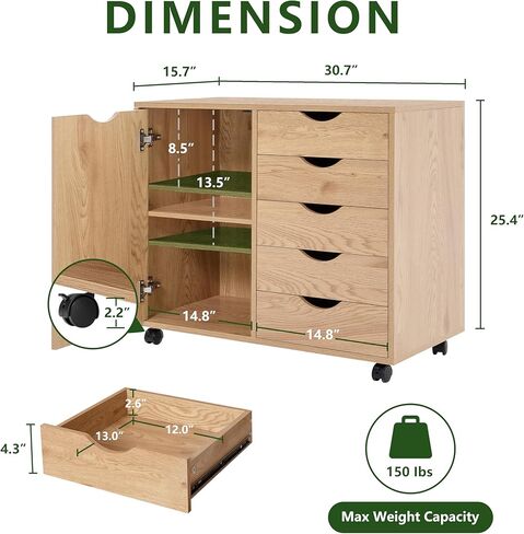 5 Drawer Wood Storage cabinets, Chest of Drawers for Home Office, Printer Stand with Adjustable Shelf (Natural) in Kuwait