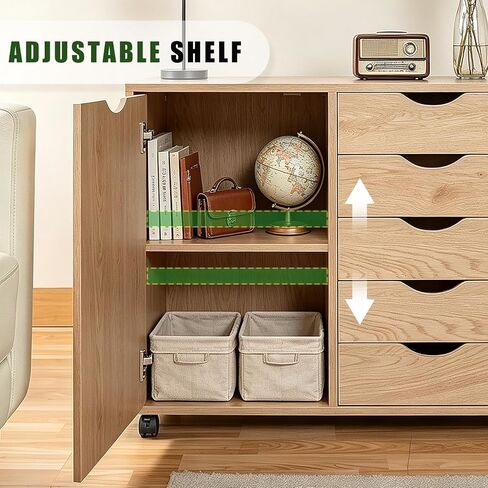 5 Drawer Wood Storage cabinets, Chest of Drawers for Home Office, Printer Stand with Adjustable Shelf (Natural) in Kuwait