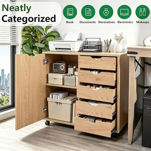 5 Drawer Wood Storage cabinets, Chest of Drawers for Home Office, Printer Stand with Adjustable Shelf (Natural) in Kuwait