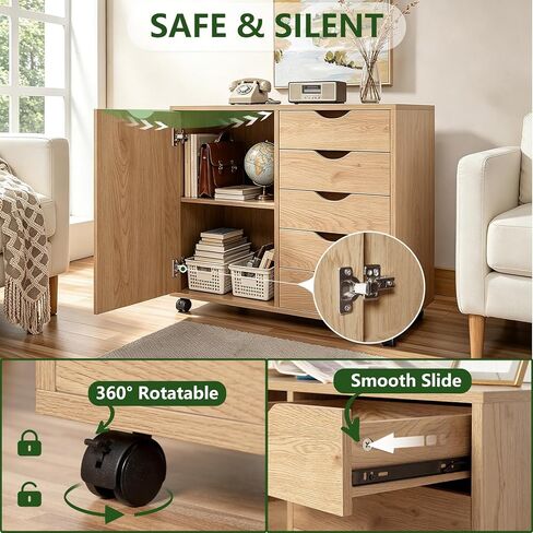 5 Drawer Wood Storage cabinets, Chest of Drawers for Home Office, Printer Stand with Adjustable Shelf (Natural) in Kuwait