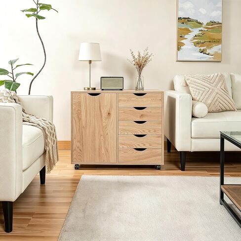 5 Drawer Wood Storage cabinets, Chest of Drawers for Home Office, Printer Stand with Adjustable Shelf (Natural) in Kuwait