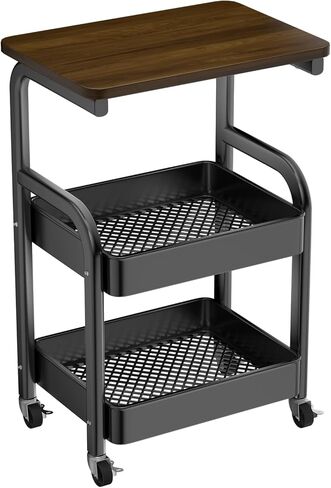 3 Tier Rolling Cart with Wood Table Top, Small Metal Storage Cart with Lockable Wheels (3 Tier) in Kuwait