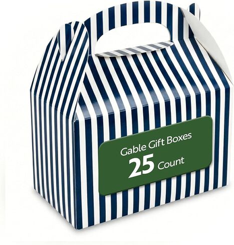 Bio Tek 6 x 3.5 x 3.5 Inch Gable Boxes For Party Favors, 25 Attractive Gift Boxes - Striped Design, With Built-In Handle, Blue And White Paper Barn Boxes, Disposable, For Parties in Kuwait