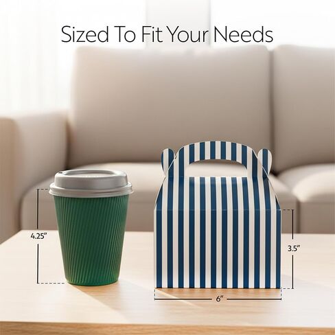 Bio Tek 6 x 3.5 x 3.5 Inch Gable Boxes For Party Favors, 25 Attractive Gift Boxes - Striped Design, With Built-In Handle, Blue And White Paper Barn Boxes, Disposable, For Parties in Kuwait