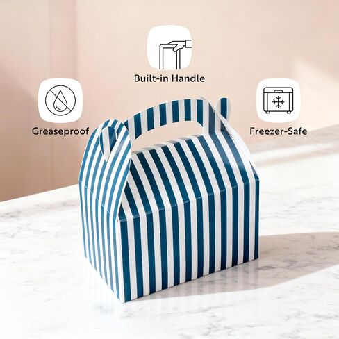 Bio Tek 6 x 3.5 x 3.5 Inch Gable Boxes For Party Favors, 25 Attractive Gift Boxes - Striped Design, With Built-In Handle, Blue And White Paper Barn Boxes, Disposable, For Parties in Kuwait