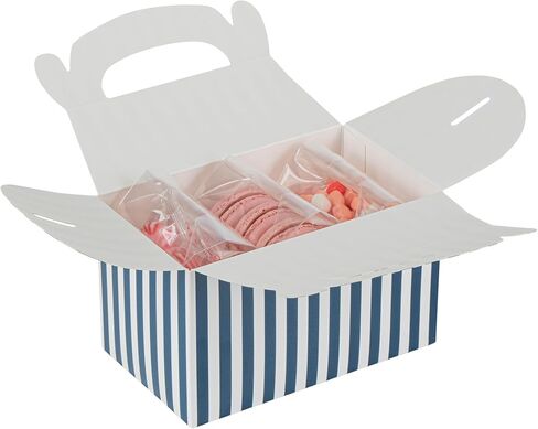 Bio Tek 6 x 3.5 x 3.5 Inch Gable Boxes For Party Favors, 25 Attractive Gift Boxes - Striped Design, With Built-In Handle, Blue And White Paper Barn Boxes, Disposable, For Parties in Kuwait