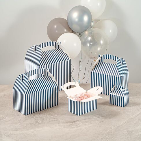 Bio Tek 6 x 3.5 x 3.5 Inch Gable Boxes For Party Favors, 25 Attractive Gift Boxes - Striped Design, With Built-In Handle, Blue And White Paper Barn Boxes, Disposable, For Parties in Kuwait