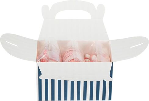 Bio Tek 6 x 3.5 x 3.5 Inch Gable Boxes For Party Favors, 25 Attractive Gift Boxes - Striped Design, With Built-In Handle, Blue And White Paper Barn Boxes, Disposable, For Parties in Kuwait