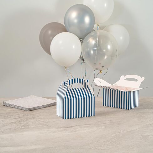 Bio Tek 6 x 3.5 x 3.5 Inch Gable Boxes For Party Favors, 25 Attractive Gift Boxes - Striped Design, With Built-In Handle, Blue And White Paper Barn Boxes, Disposable, For Parties in Kuwait