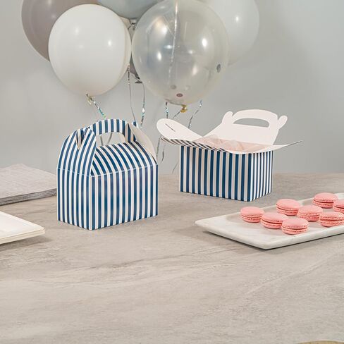 Bio Tek 6 x 3.5 x 3.5 Inch Gable Boxes For Party Favors, 25 Attractive Gift Boxes - Striped Design, With Built-In Handle, Blue And White Paper Barn Boxes, Disposable, For Parties in Kuwait