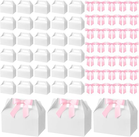 60 Pcs Bow Treat Boxes White Treat Gift Boxes with Satin Ribbon, Coquette Bow Themed Candy Box for Party Favor Snacks Cookie Wedding Birthday Bridal Baby Shower 6.4 x 3.6 x 3.2 Inches(Pink) in Saudi Arabia