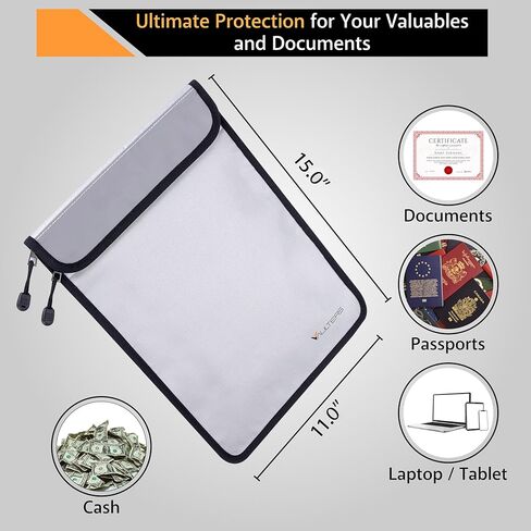 Upgraded Two Pockets Fireproof Document Bag (2000℉), 15"x 11" Fire Proof Bag for Documents with Zipper, Waterproof Document Pouch for Valuables, Legal Documents Safe Storage (Grey) in Kuwait