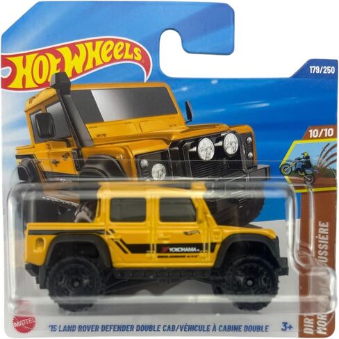 Hot Wheels - '15 Land Rover Defender Double Cab - Dirt 10/10 - JBC00 - Short Card - Yellow - Mattel 2025 - Licensed Model Land Rover & Yokohama in Dirt/Offroad Look 1:64 Scale in Kuwait
