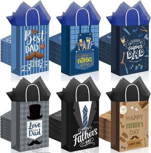 MIMIND 48 Pack Father's Day Gift Bags with Handle Happy Father’s Day Paper Bag Bulk Father's Day Gift Bags with Tissue Paper for Dad Grandpa Stepdad Father's Day Party Supplies in Saudi Arabia