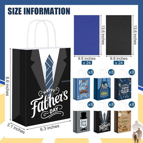 MIMIND 48 Pack Father's Day Gift Bags with Handle Happy Father’s Day Paper Bag Bulk Father's Day Gift Bags with Tissue Paper for Dad Grandpa Stepdad Father's Day Party Supplies in Saudi Arabia