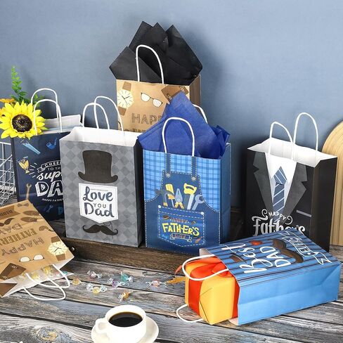 MIMIND 48 Pack Father's Day Gift Bags with Handle Happy Father’s Day Paper Bag Bulk Father's Day Gift Bags with Tissue Paper for Dad Grandpa Stepdad Father's Day Party Supplies in Saudi Arabia