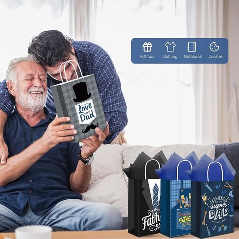 MIMIND 48 Pack Father's Day Gift Bags with Handle Happy Father’s Day Paper Bag Bulk Father's Day Gift Bags with Tissue Paper for Dad Grandpa Stepdad Father's Day Party Supplies in Saudi Arabia