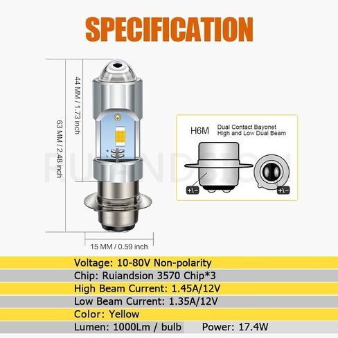 Ruiandsion H6M P15D LED Bulb Yellow 10-80V Non Polarity Hi/Lo Beam Super Bright 3570 Chips Projector for Motorbike Bulb Pack of 1 in Saudi Arabia