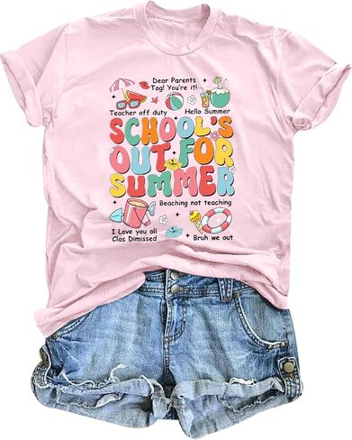 Last Day of School Teacher Shirt: Women Hello Summer T-Shirt School's Out for Summer Happy Graduation Gifts Teacher Tops in Saudi Arabia