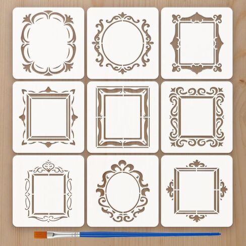 FINGERINSPIRE 9Pcs Frame Shape Stencils for Painting with a Brush 5.9x5.9inch Square Rectangular Circular Oval Frame Drawing Template Reusable Plastic Stencil for Painting on Wood Wall Fabric in Kuwait