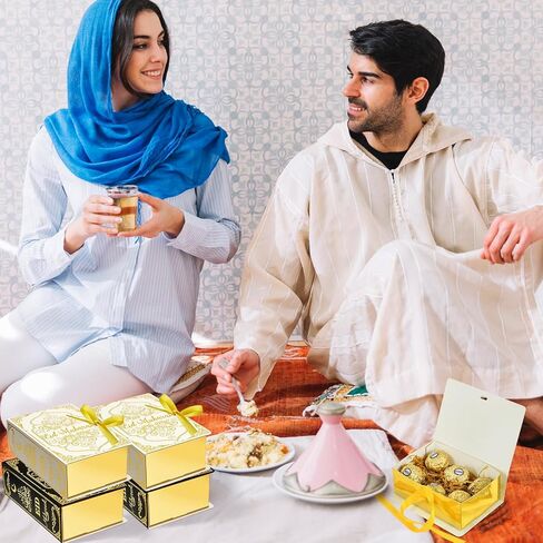 Jremreo 12 Pcs Ramadan Eid Mubarak Favor Boxes - Square Candy Ramadan Box with Golden Ribbon - Gift Treat Box Party Favors for Eid Party Decoration Supplies, Snack, Sugar, Chocolate, Goodie, Toy, etc in Kuwait