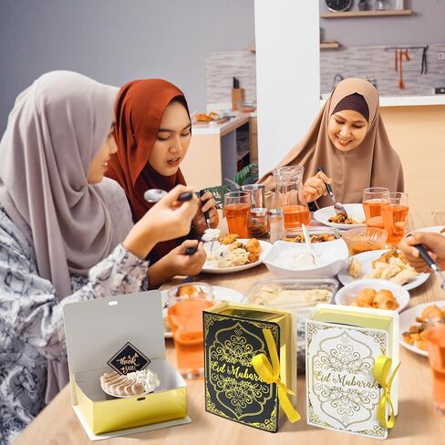 Jremreo 12 Pcs Ramadan Eid Mubarak Favor Boxes - Square Candy Ramadan Box with Golden Ribbon - Gift Treat Box Party Favors for Eid Party Decoration Supplies, Snack, Sugar, Chocolate, Goodie, Toy, etc in Kuwait