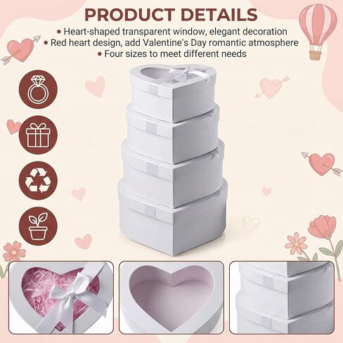 Kenaoeo 4 Pcs Heart Shaped Box for Flowers Set with Clear Lids and Bows White Nesting Gift Boxes for Floral Arrangements, Valentine's Day, Wedding, Mother's Day Presents in Saudi Arabia