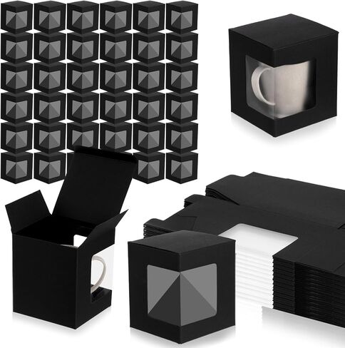 Douaowoc 36 Pcs Mug Boxes for Gifts Black Mug Boxes with Clear Window for Coffee Cup Packaging Shipping Exhibition for 11 oz - 15 oz Blank Gift Christmas Wrapping Craft (Black) in Saudi Arabia