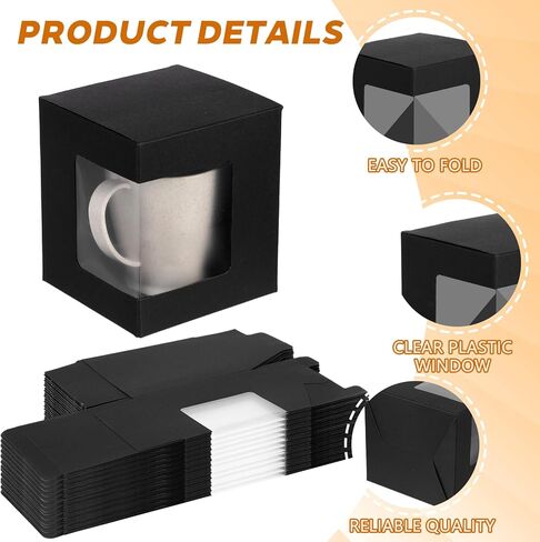 Douaowoc 36 Pcs Mug Boxes for Gifts Black Mug Boxes with Clear Window for Coffee Cup Packaging Shipping Exhibition for 11 oz - 15 oz Blank Gift Christmas Wrapping Craft (Black) in Saudi Arabia