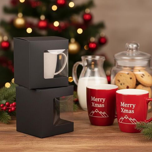 Douaowoc 36 Pcs Mug Boxes for Gifts Black Mug Boxes with Clear Window for Coffee Cup Packaging Shipping Exhibition for 11 oz - 15 oz Blank Gift Christmas Wrapping Craft (Black) in Saudi Arabia