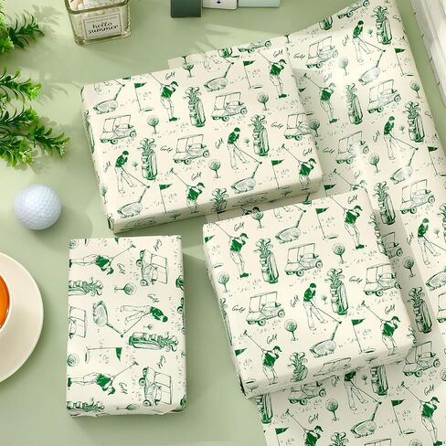 Whaline Golf Wrapping Paper -Mini Roll- 17 In x 32.8 Ft Green Sports Theme Gift Wrap Paper for Birthday Father's Day Sport Party Wrapping Supplies in Kuwait