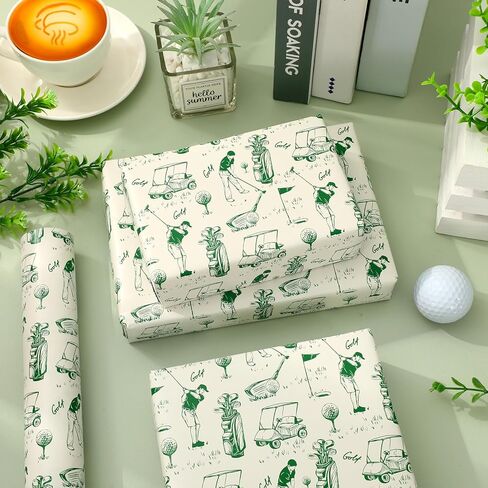 Whaline Golf Wrapping Paper -Mini Roll- 17 In x 32.8 Ft Green Sports Theme Gift Wrap Paper for Birthday Father's Day Sport Party Wrapping Supplies in Kuwait