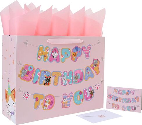 wishinside 16.5'' Extra Large Cat Happy Birthday Gift Bag Set with Handles, Greeting Card, Pink Tissue Papers and Stickers for Girls Kids Teens Women, Kitty-themed Banner Design, 1 Pcs in Kuwait