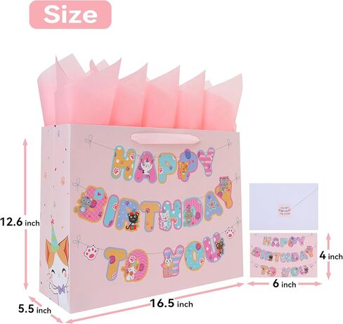wishinside 16.5'' Extra Large Cat Happy Birthday Gift Bag Set with Handles, Greeting Card, Pink Tissue Papers and Stickers for Girls Kids Teens Women, Kitty-themed Banner Design, 1 Pcs in Kuwait