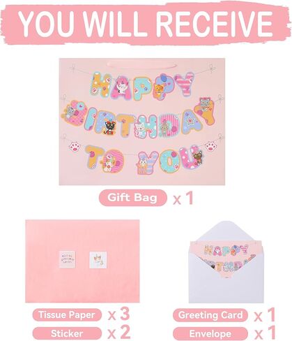 wishinside 16.5'' Extra Large Cat Happy Birthday Gift Bag Set with Handles, Greeting Card, Pink Tissue Papers and Stickers for Girls Kids Teens Women, Kitty-themed Banner Design, 1 Pcs in Kuwait